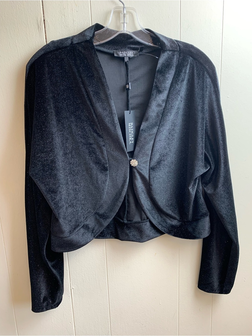 Badgley Mischka Black Shimmer Velvet Cropped Bolero Jacket Evening Shrug Sz L
